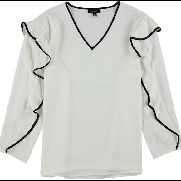 Alfani White Blouse Size L Black Contrast Trim Ruffle Sleeve V-Neck Career Top - Picture 2 of 4